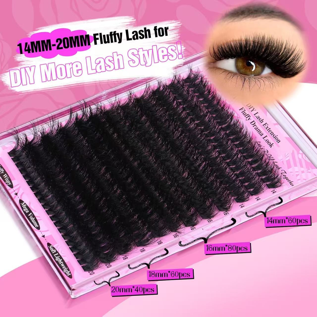 3 Pcs Black Mega Volume 200D DIY Lash Clusters - D Curl Faux Mink, Fluffy Drama Look, Mixed Lengths (14-20mm) for Custom Extensions