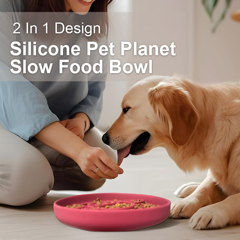 Dark Blue Silicone Planet Slow Feeder Dog Bowl - 2-in-1 Anti-Choke Lick Mat for Healthy Eating & Fun