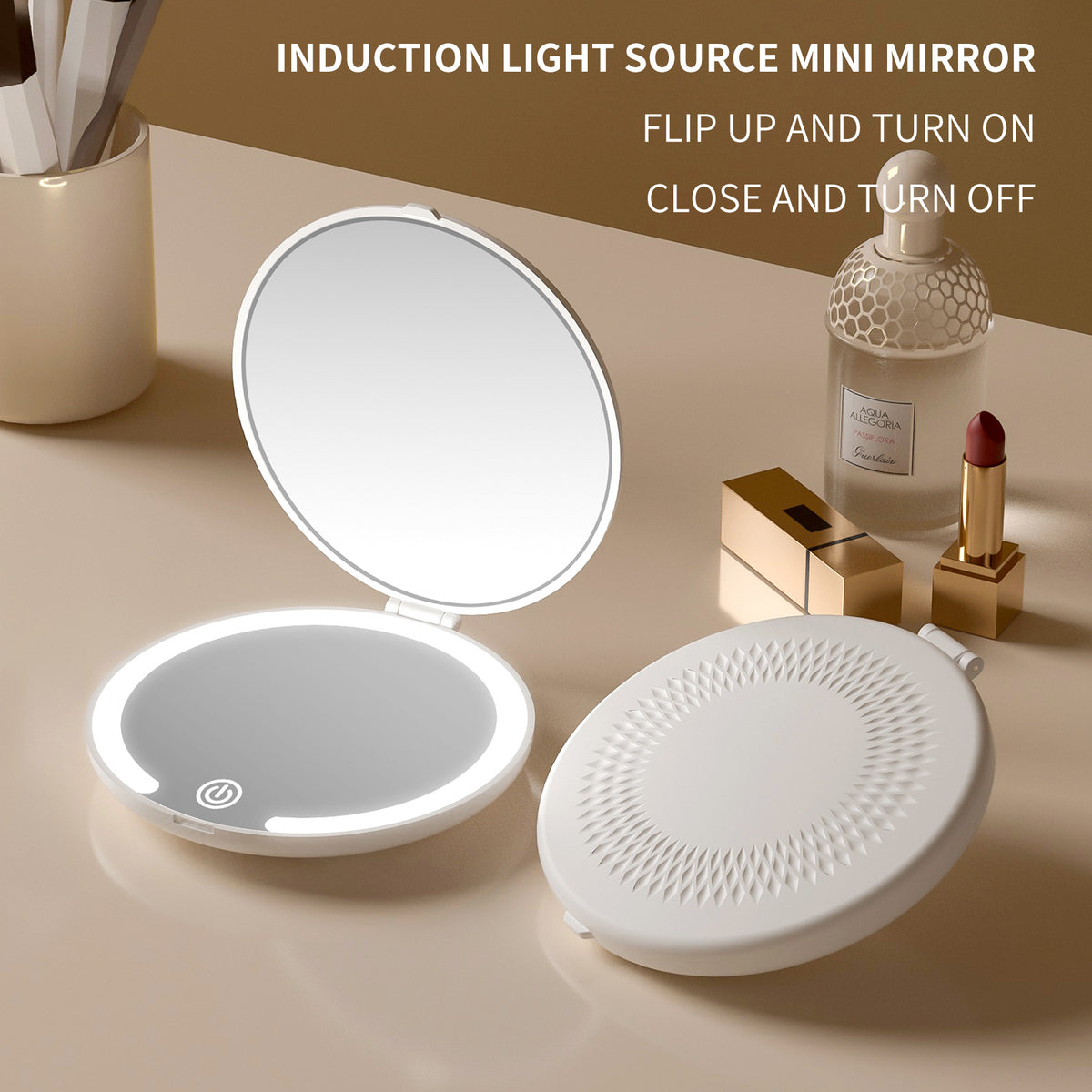White LED Travel Makeup Mirror - Rechargeable Compact Mirror with 3 Color Lights, 1x/5x Magnification &amp; Smart Auto On/Off