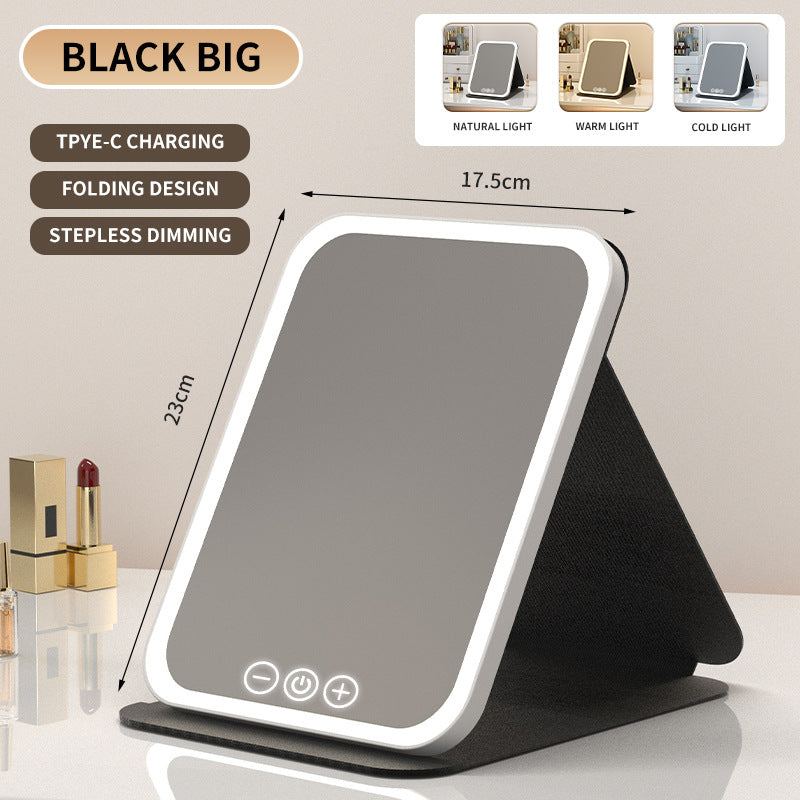Black Large Foldable LED Makeup Mirror - Portable Desktop Vanity with 3 Color Lights, Stepless Dimming &amp; Adjustable Stand
