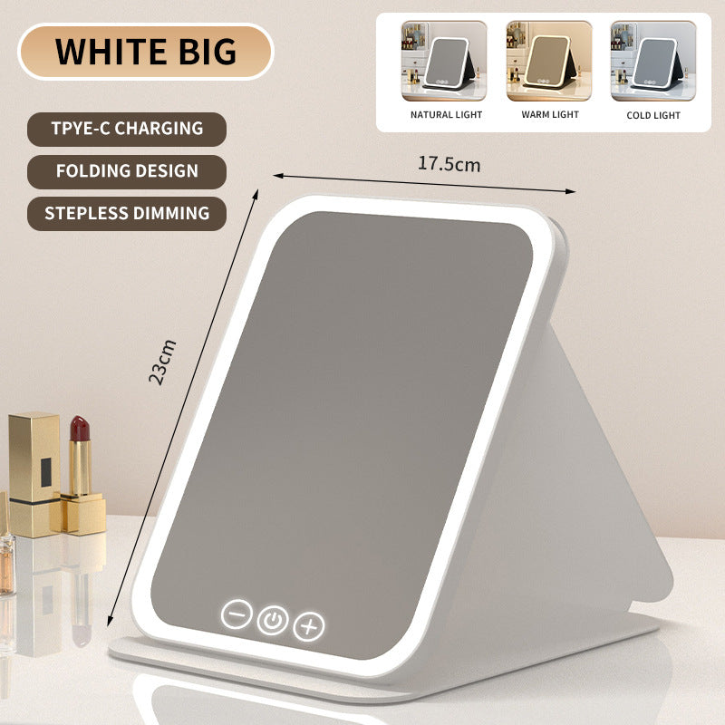 White Large Foldable LED Makeup Mirror - Portable Desktop Vanity with 3 Color Lights, Stepless Dimming &amp; Adjustable Stand