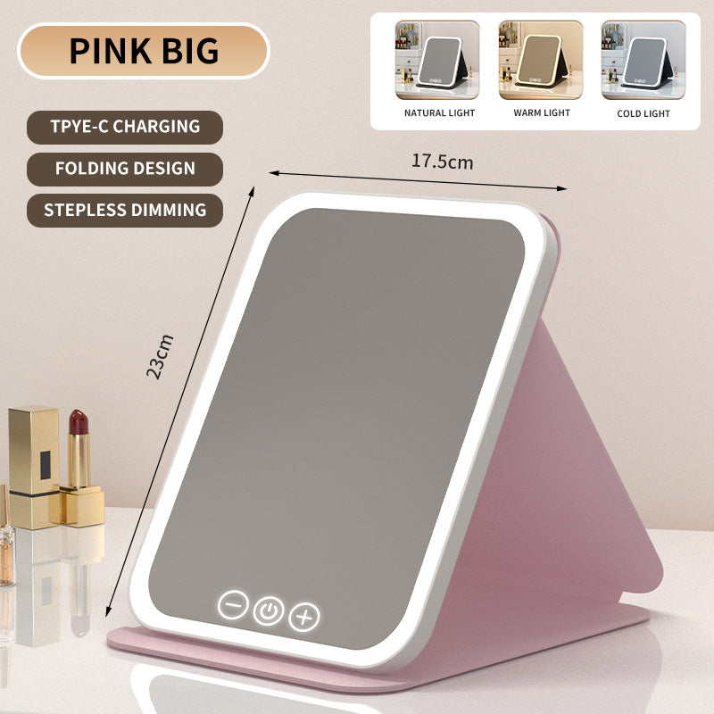 Pink Large Foldable LED Makeup Mirror - Portable Desktop Vanity with 3 Color Lights, Stepless Dimming &amp; Adjustable Stand