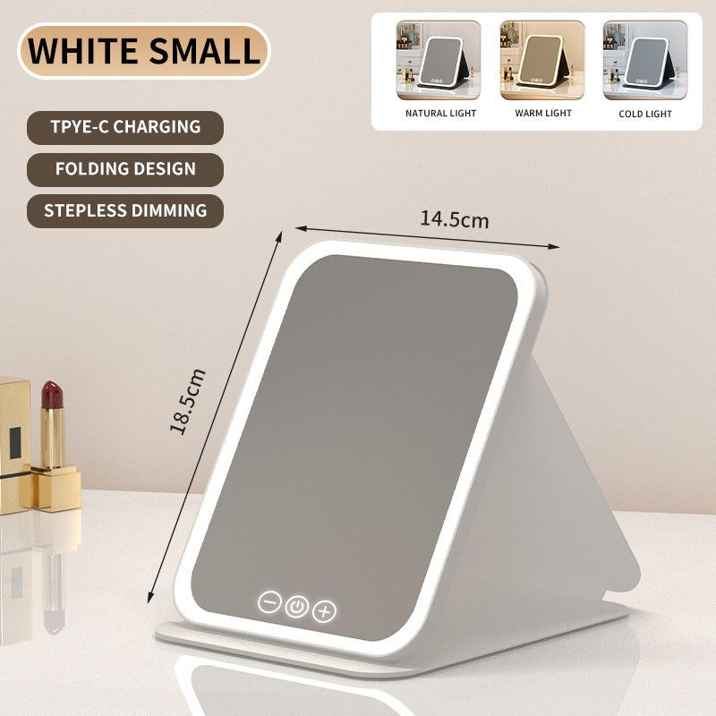 White Small Foldable LED Makeup Mirror - Portable Desktop Vanity with 3 Color Lights, Stepless Dimming &amp; Adjustable Stand