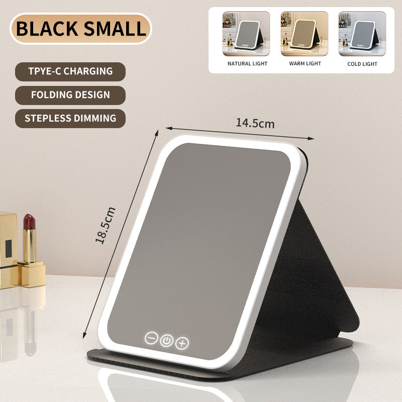 Black Small Foldable LED Makeup Mirror - Portable Desktop Vanity with 3 Color Lights, Stepless Dimming & Adjustable Stand