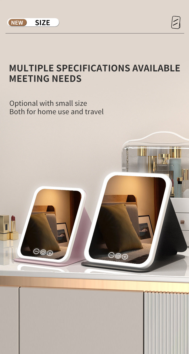 Black Small Foldable LED Makeup Mirror - Portable Desktop Vanity with 3 Color Lights, Stepless Dimming & Adjustable Stand