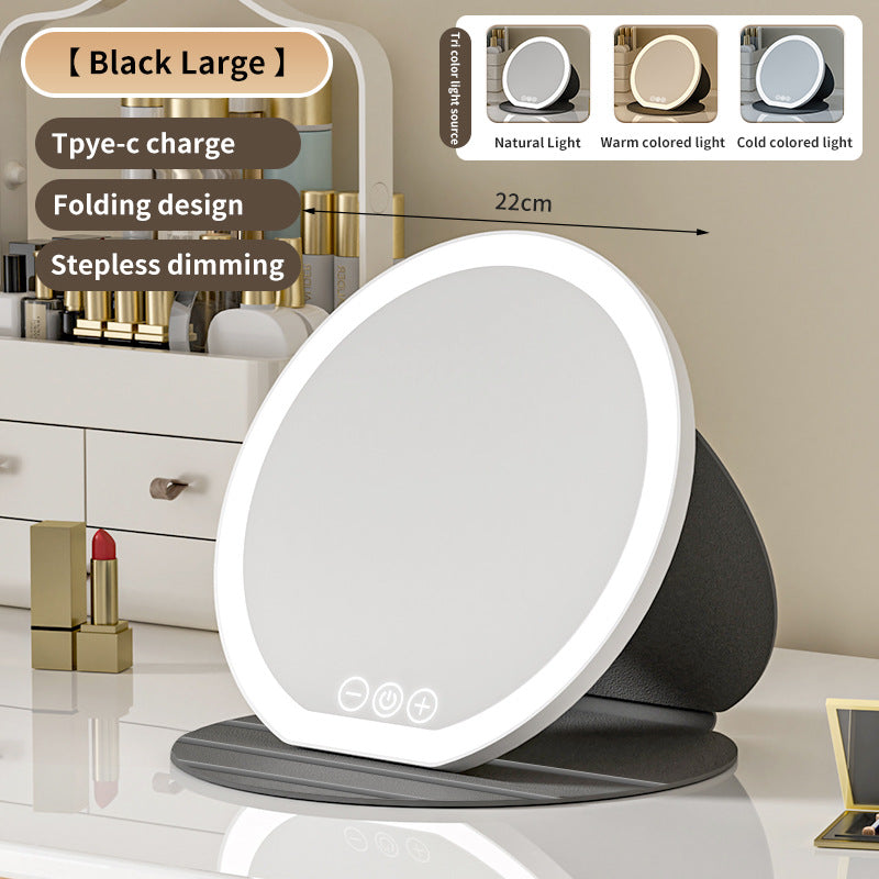 Black Large Round Foldable LED Makeup Mirror - 22cm Desktop Vanity with 3 Color Lights & Stepless Dimming