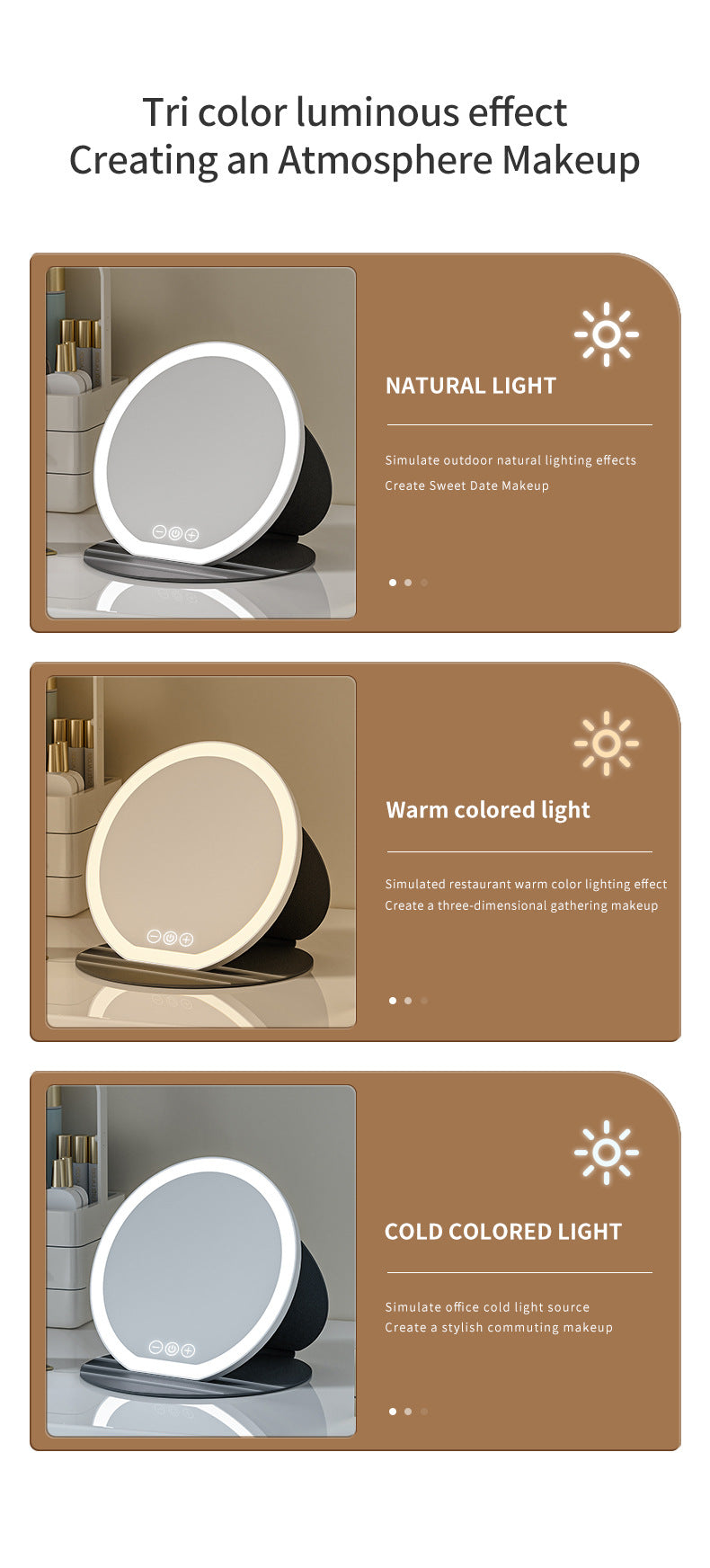 Black Large Round Foldable LED Makeup Mirror - 22cm Desktop Vanity with 3 Color Lights & Stepless Dimming