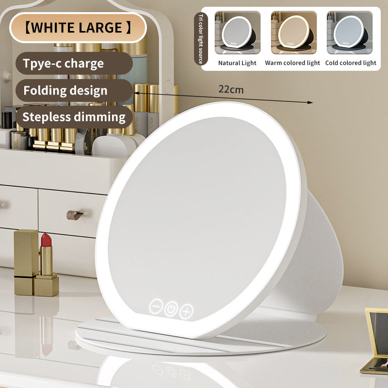 White Large Round Foldable LED Makeup Mirror - 22cm Desktop Vanity with 3 Color Lights &amp; Stepless Dimming