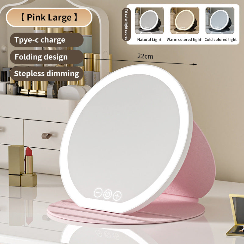 Pink Large Round Foldable LED Makeup Mirror - 22cm Desktop Vanity with 3 Color Lights &amp; Stepless Dimming