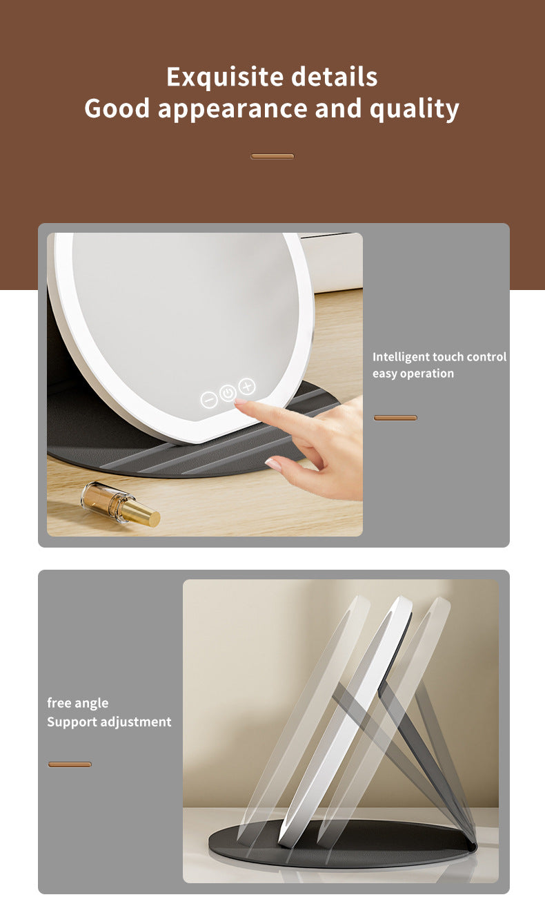 White Small Round Foldable LED Makeup Mirror - 18.5cm Desktop Vanity with 3 Color Lights & Stepless Dimming
