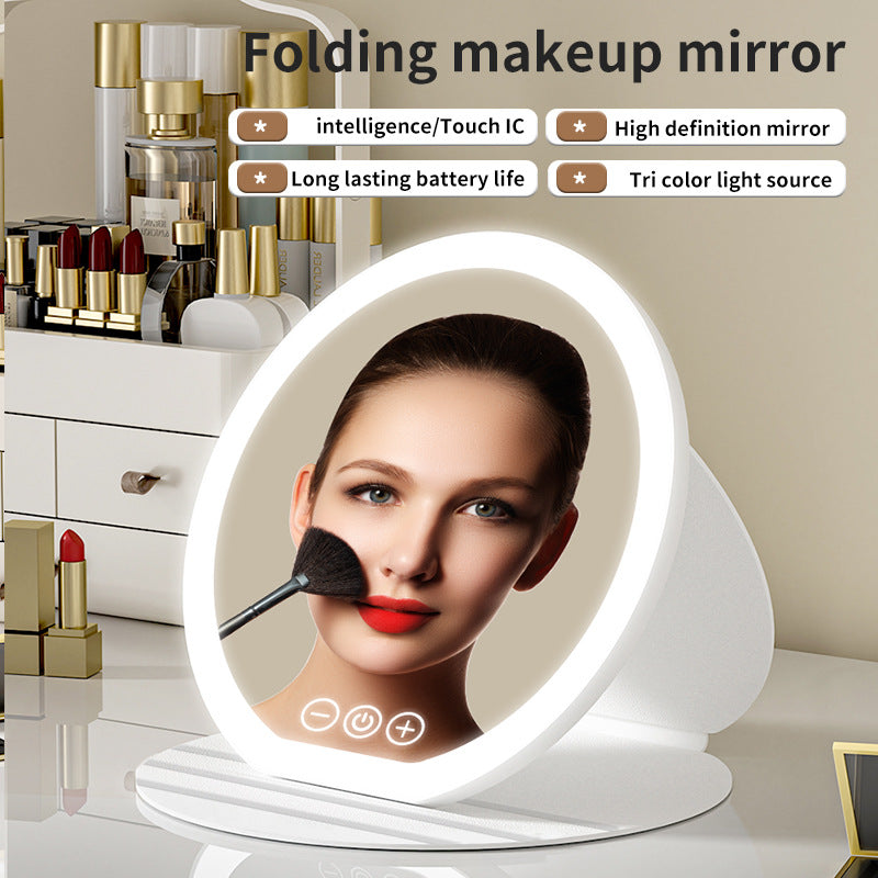 Black Small Round Foldable LED Makeup Mirror - 18.5cm Desktop Vanity with 3 Color Lights & Stepless Dimming