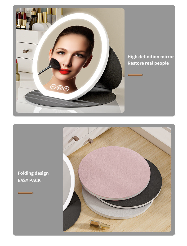 Black Small Round Foldable LED Makeup Mirror - 18.5cm Desktop Vanity with 3 Color Lights & Stepless Dimming