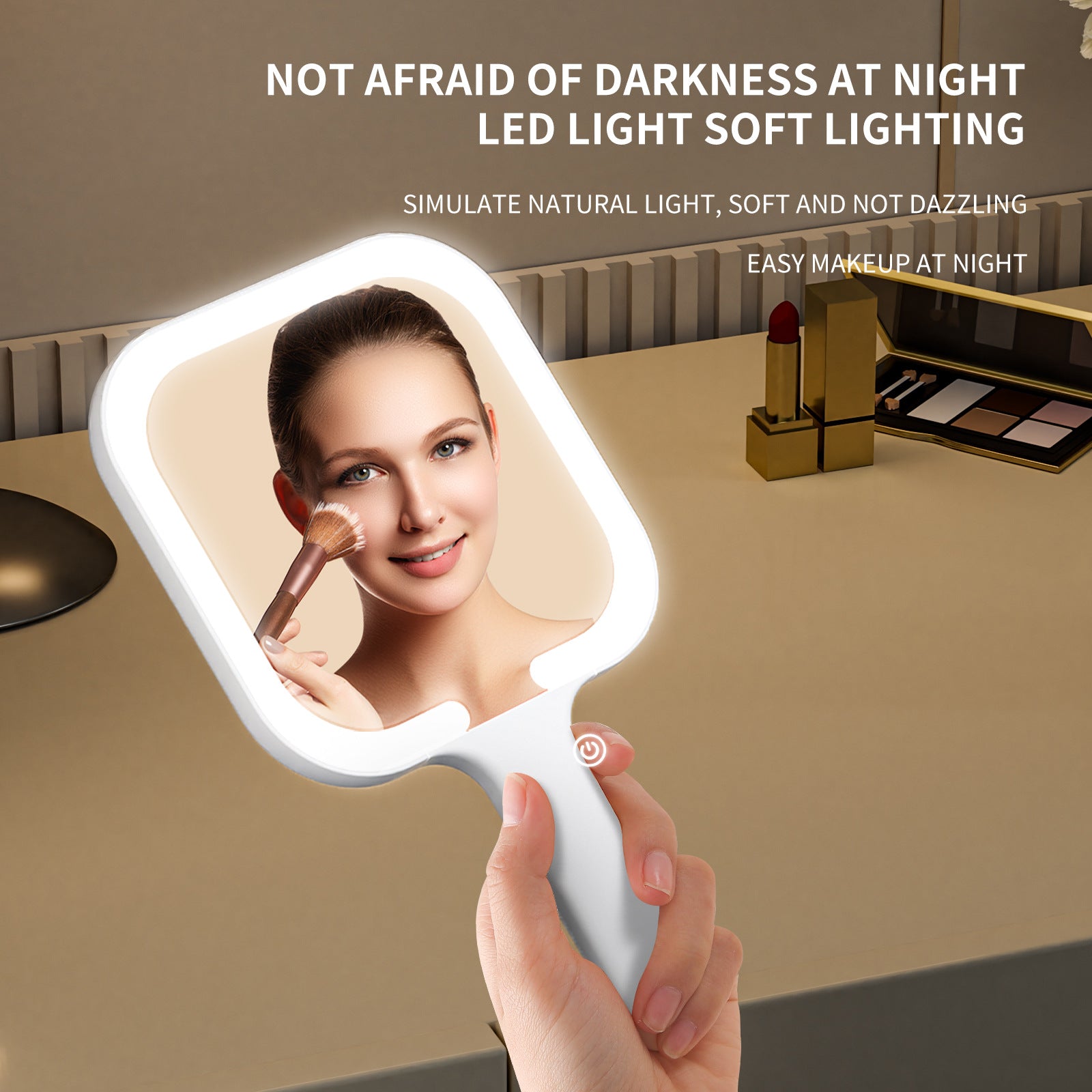 White Square Portable Handheld LED Makeup Mirror - USB-C Rechargeable with 3 Color Light Modes for On-The-Go Touch-Ups