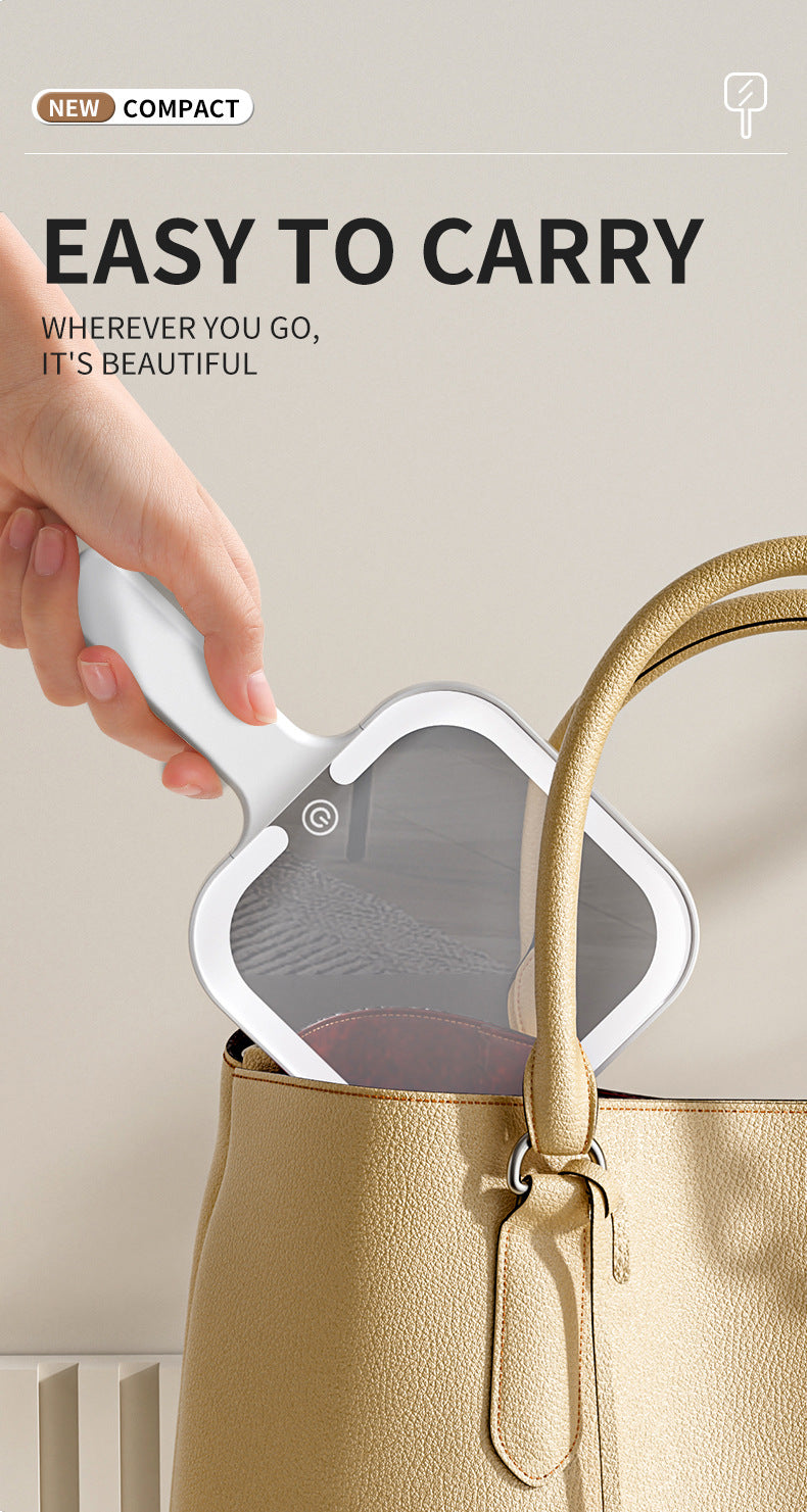 White Square Portable Handheld LED Makeup Mirror - USB-C Rechargeable with 3 Color Light Modes for On-The-Go Touch-Ups