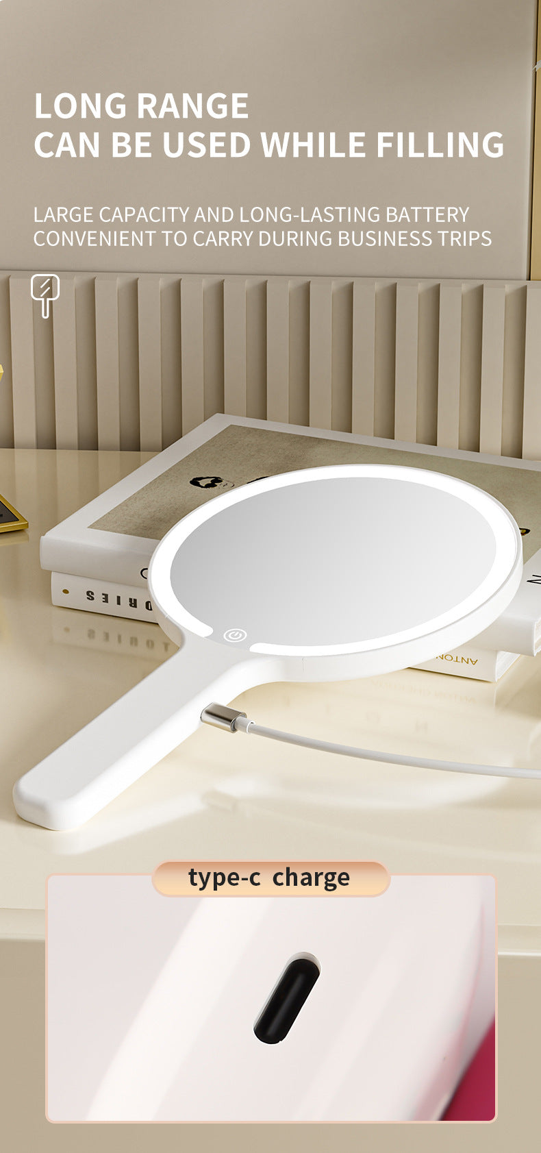 Light Yellow Square Portable Handheld LED Makeup Mirror - USB-C Rechargeable with 3 Color Light Modes for On-The-Go Touch-Ups