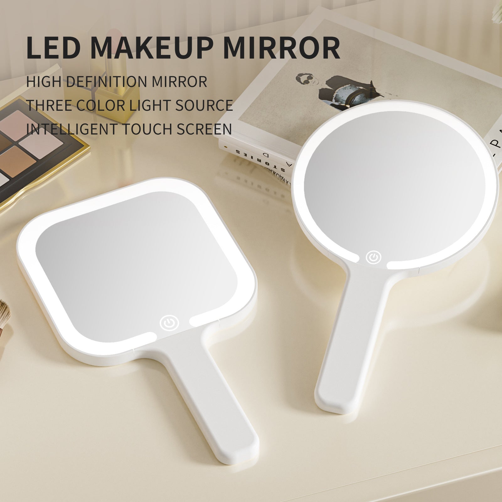 Light Yellow Round Portable Handheld LED Makeup Mirror - USB-C Rechargeable with 3 Color Light Modes for On-The-Go Touch-Ups