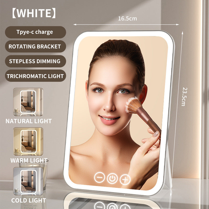 White Professional LED Vanity Mirror - 3 Color Lights, Stepless Dimming &amp; Adjustable Rotating Stand, USB-C Rechargeable