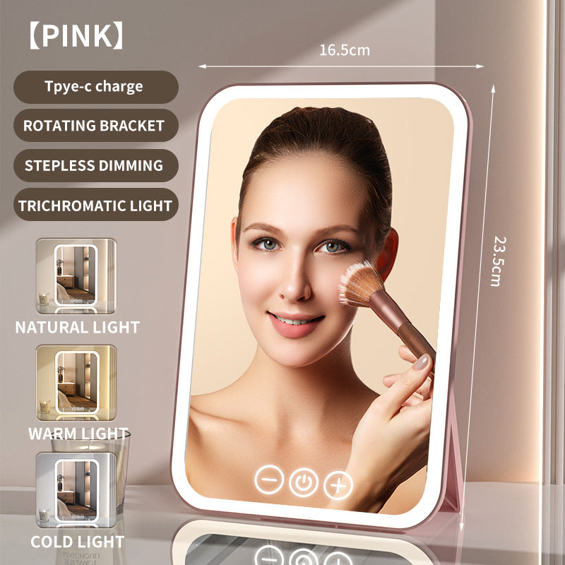 Pink Professional LED Vanity Mirror - 3 Color Lights, Stepless Dimming &amp; Adjustable Rotating Stand, USB-C Rechargeable