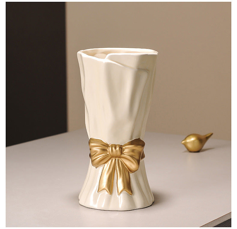 Beige Elegant Ceramic Vase with Golden Bow Accent - Textured Relief Flower Holder for Living Room & Dining Table Decor