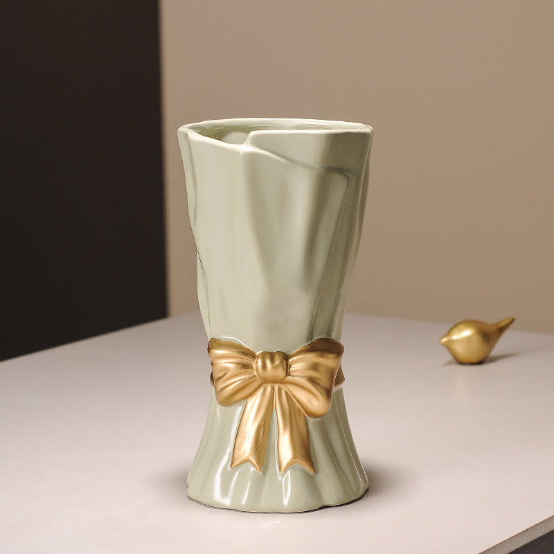 Green Elegant Ceramic Vase with Golden Bow Accent - Textured Relief Flower Holder for Living Room &amp; Dining Table Decor