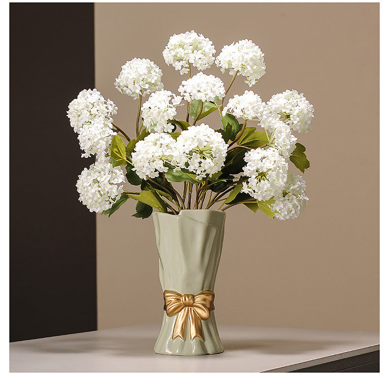 Green Elegant Ceramic Vase with Golden Bow Accent - Textured Relief Flower Holder for Living Room & Dining Table Decor