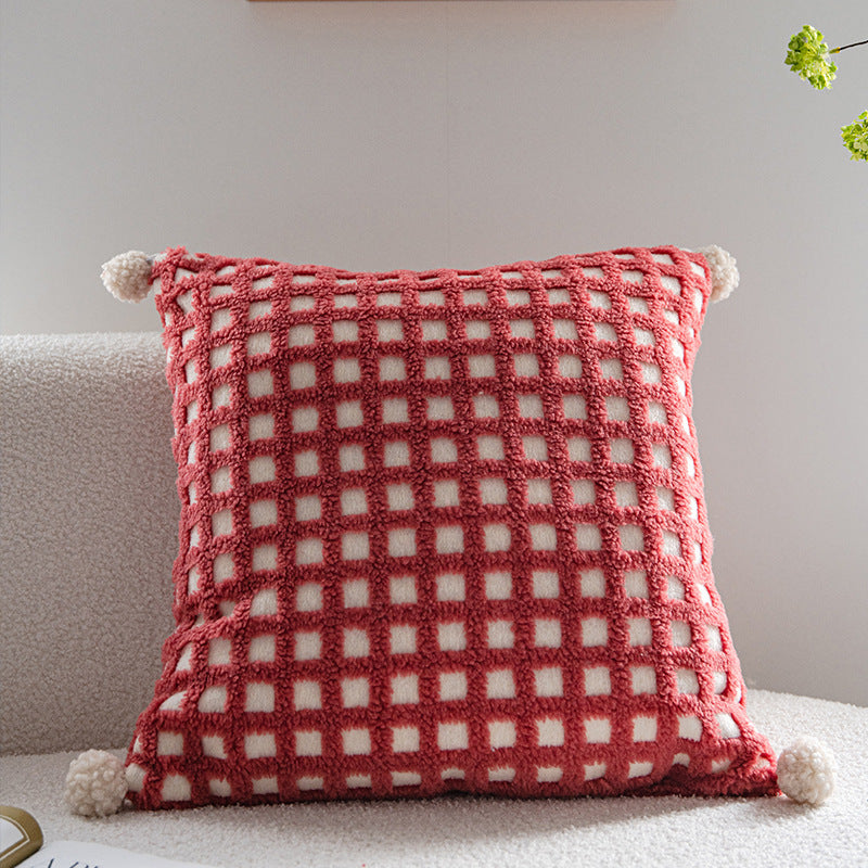 Red and Beige 3D Checkered Cushion Cover with Pom Poms - Soft Decorative Pillow Case for Sofa &amp; Living Room (45x45cm, Cover Only)