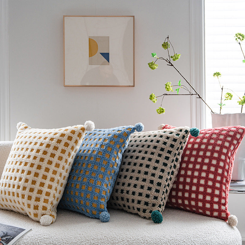 Red and Beige 3D Checkered Cushion Cover with Pom Poms - Soft Decorative Pillow Case for Sofa & Living Room (45x45cm, Cover Only)