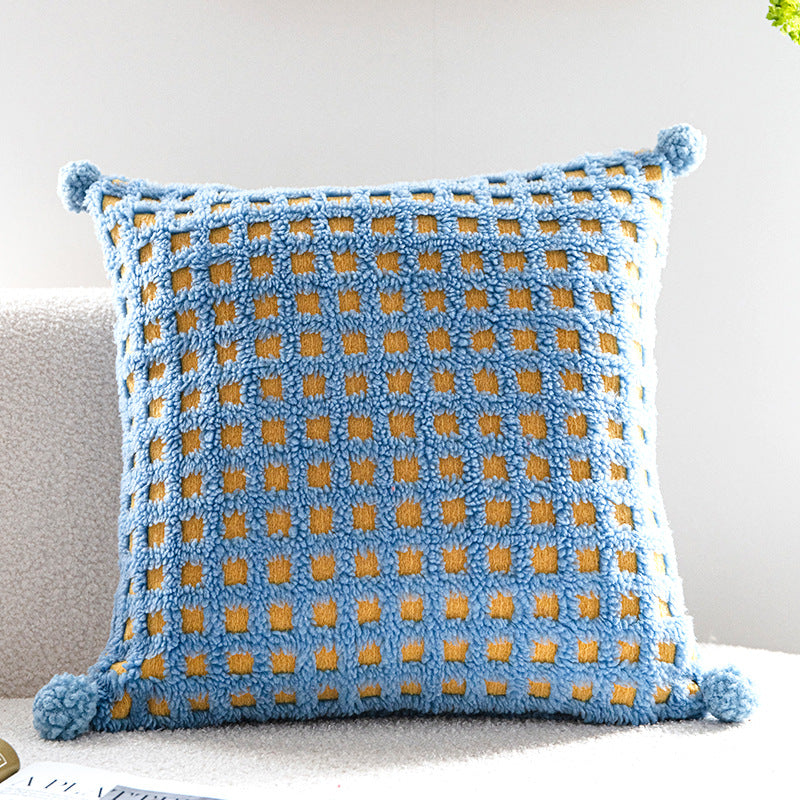Blue and Yellow 3D Checkered Cushion Cover with Pom Poms - Soft Decorative Pillow Case for Sofa &amp; Living Room (45x45cm, Cover Only)