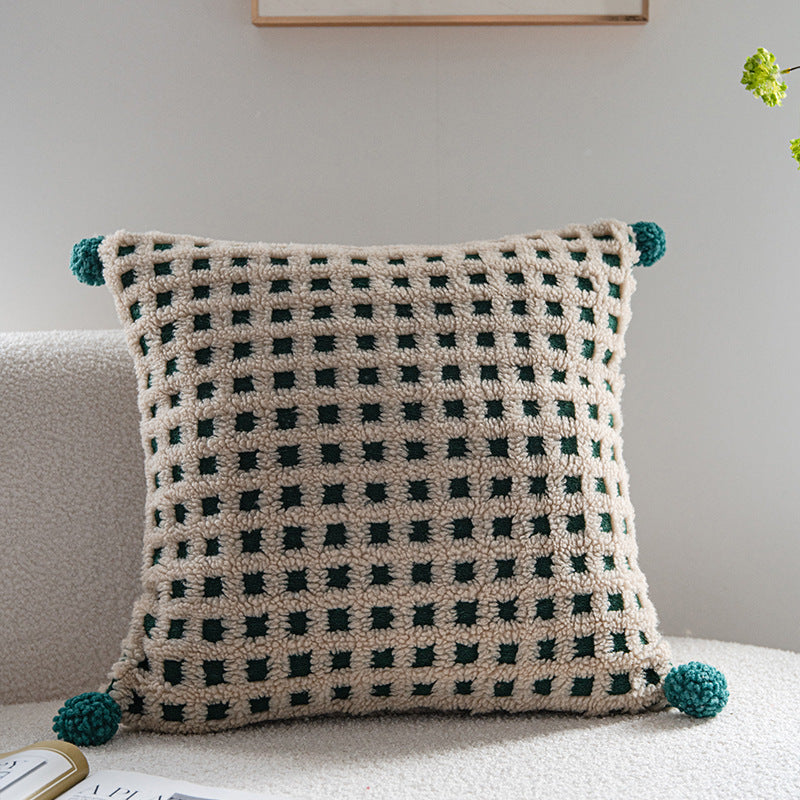 Beige and Green 3D Checkered Cushion Cover with Pom Poms - Soft Decorative Pillow Case for Sofa &amp; Living Room (45x45cm, Cover Only)