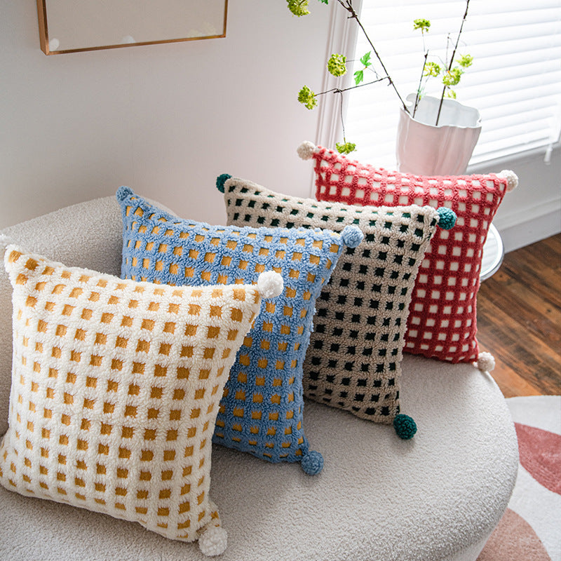 Beige and Green 3D Checkered Cushion Cover with Pom Poms - Soft Decorative Pillow Case for Sofa & Living Room (45x45cm, Cover Only)