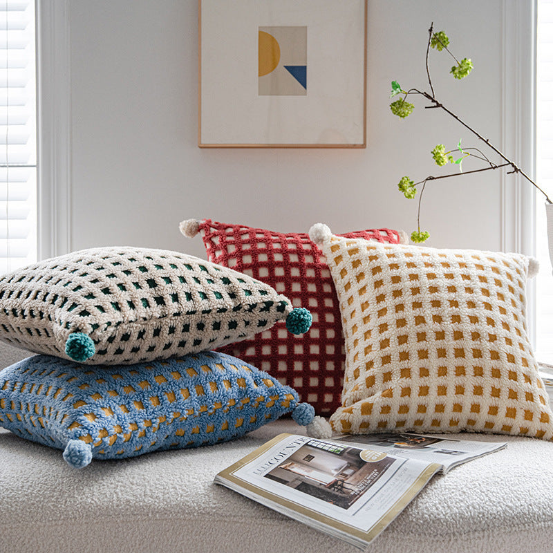 Beige and Green 3D Checkered Cushion Cover with Pom Poms - Soft Decorative Pillow Case for Sofa & Living Room (45x45cm, Cover Only)