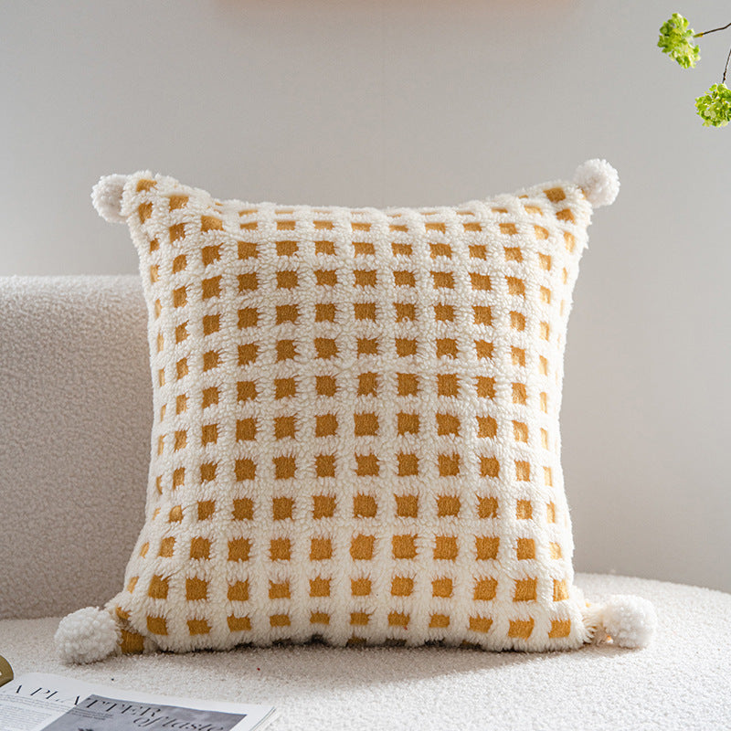 Beige and Yellow 3D Checkered Cushion Cover with Pom Poms - Soft Decorative Pillow Case for Sofa & Living Room (45x45cm, Cover Only)