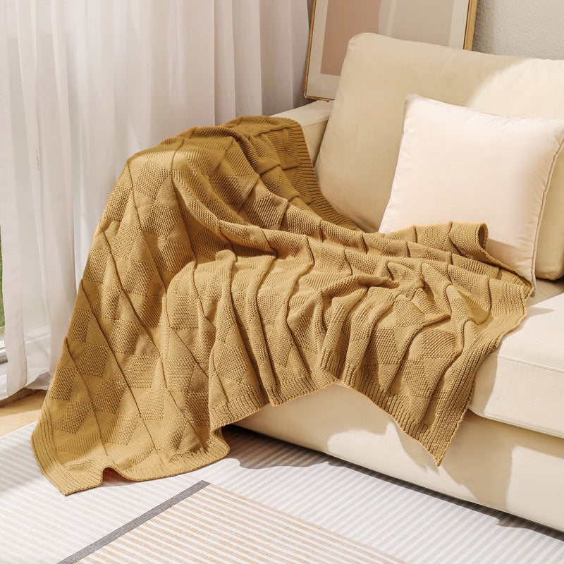 Khaki Cozy Lightweight Acrylic Knit Throw Blanket - Diamond Waffle Texture for Sofa, Bed &amp; Travel