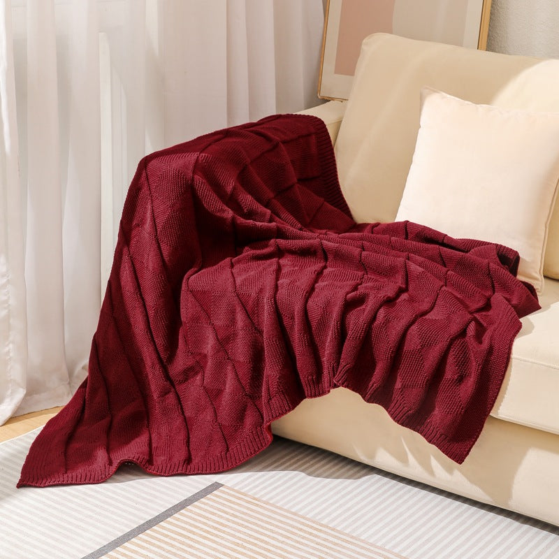 Claret Red Cozy Lightweight Acrylic Knit Throw Blanket - Diamond Waffle Texture for Sofa, Bed &amp; Travel