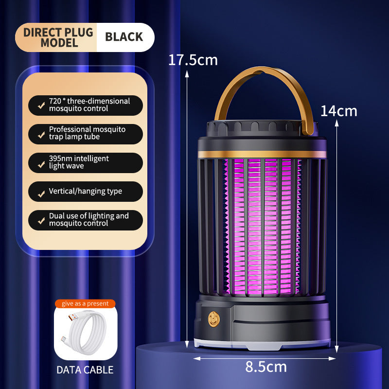 Black Portable 3-in-1 Electric Mosquito Zapper Lamp - UV Bug Killer, Warm Night Light &amp; Bright Lantern, USB Plug-in use
