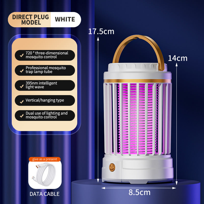 White Portable 3-in-1 Electric Mosquito Zapper Lamp - UV Bug Killer, Warm Night Light &amp; Bright Lantern, USB Plug-in use