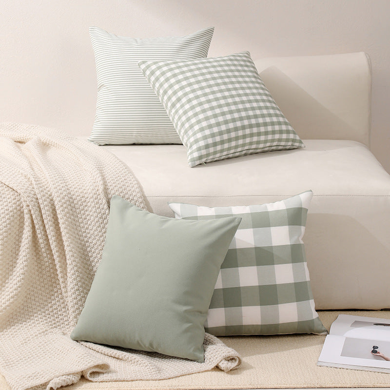 Green Small Plaid Pattern Set of 2 Decorative Cushion Covers - 45x45cm, Soft Polyester (Inserts Not Included)