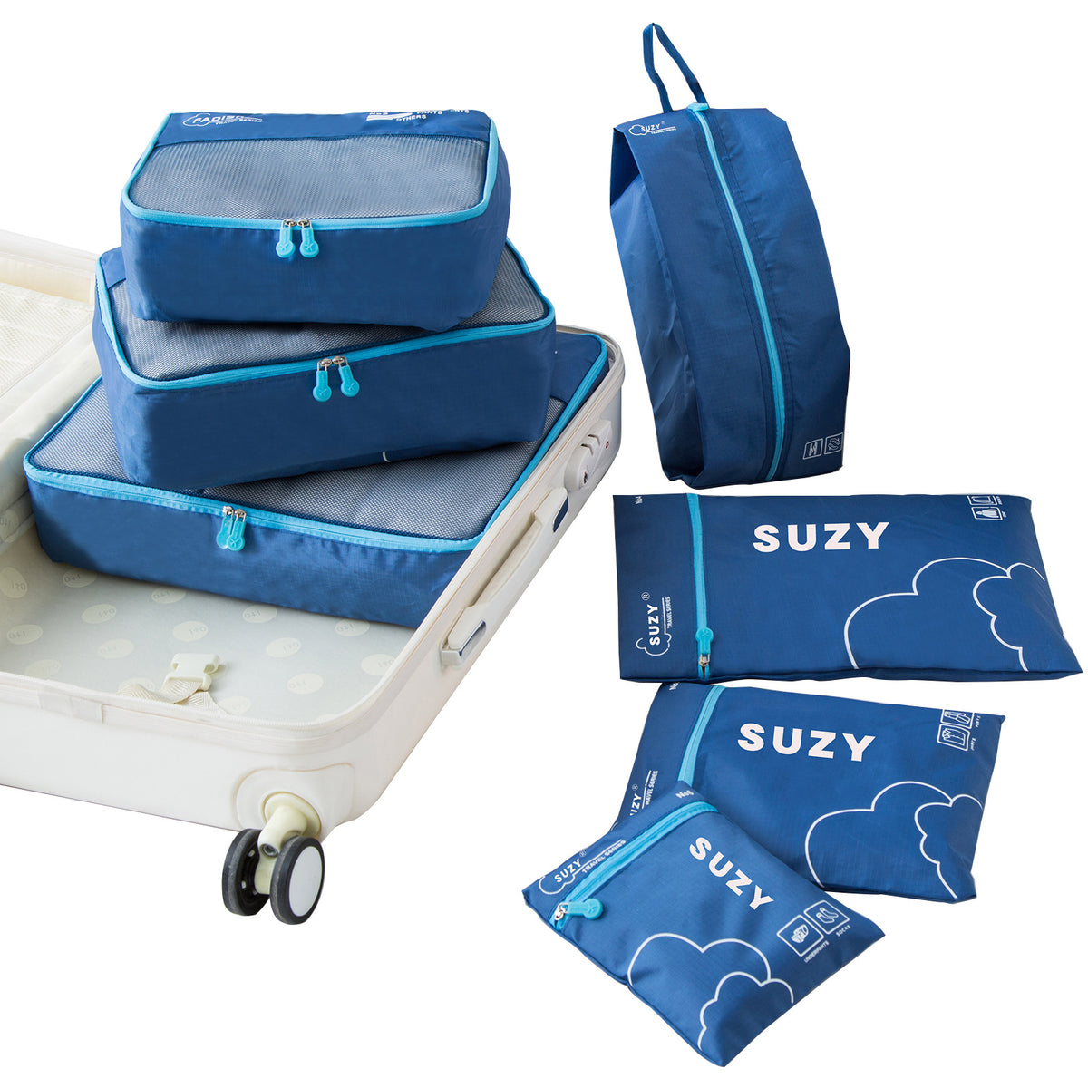 Dark Blue 7-Piece Travel Packing Cubes &amp; Organizer Set - Lightweight Luggage Storage Bags for Clothes, Shoes &amp; Toiletries