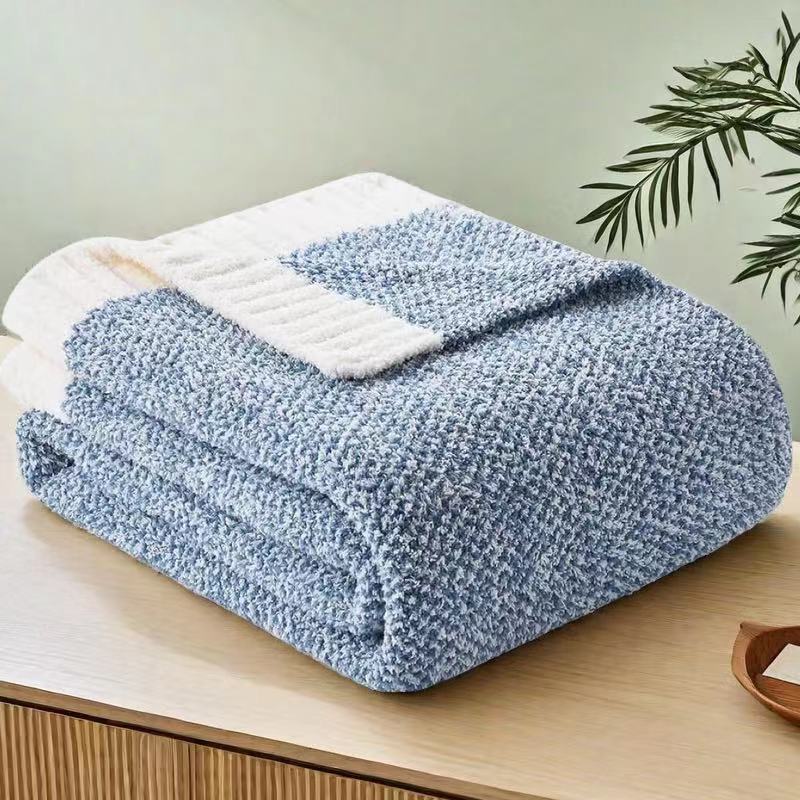 Blue and White Plush Chenille-Knit Throw Blanket - Soft Cozy Polyester for Bed &amp; Sofa | Textured Two-Tone Design (127x153cm)