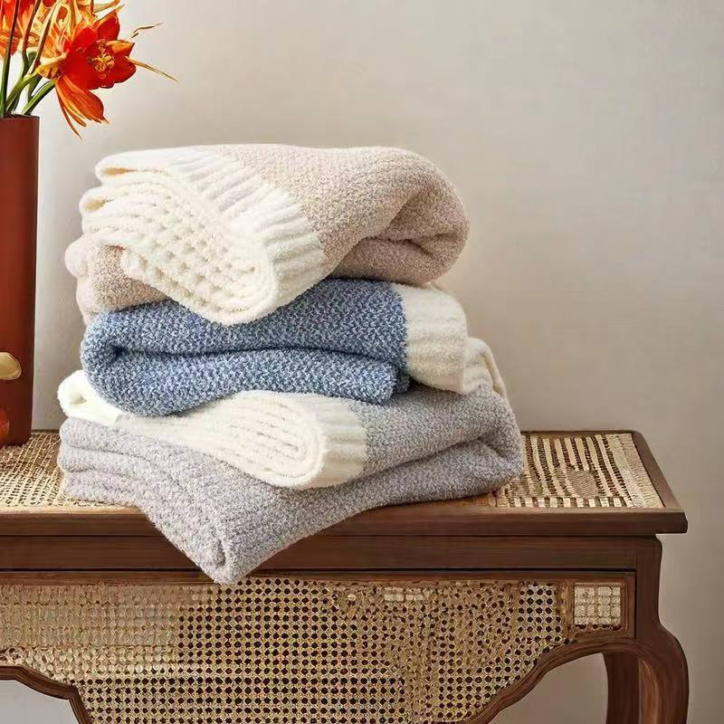 Pink and White Plush Chenille-Knit Throw Blanket - Soft Cozy Polyester for Bed & Sofa | Textured Two-Tone Design (127x153cm)