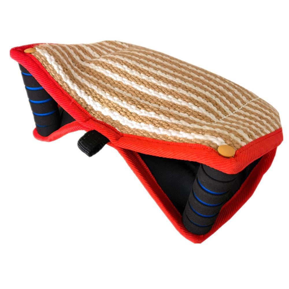 Red and Khaki Heavy Duty Jute Dog Bite Pillow - Professional Training Tug Toy with 3 Handles for Schutzhund, K9, Agility &amp; Bite Work