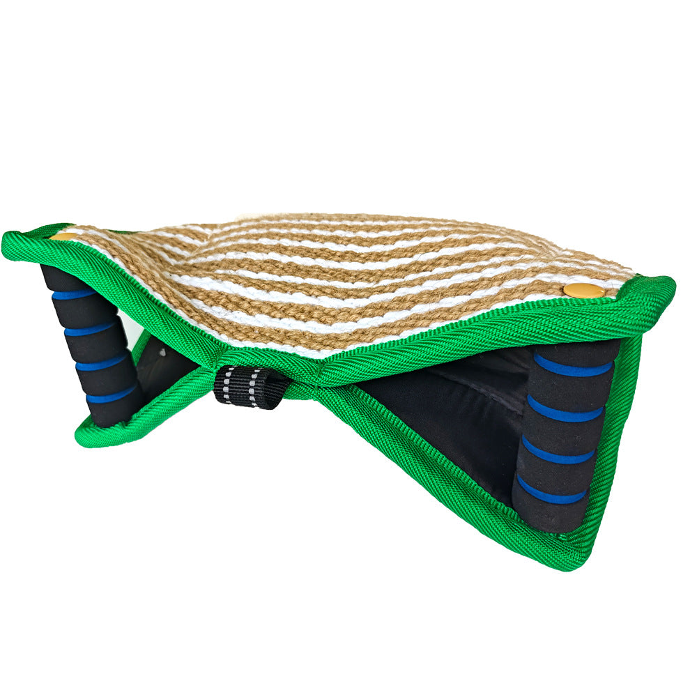 Green and Khaki Heavy Duty Jute Dog Bite Pillow - Professional Training Tug Toy with 3 Handles for Schutzhund, K9, Agility &amp; Bite Work