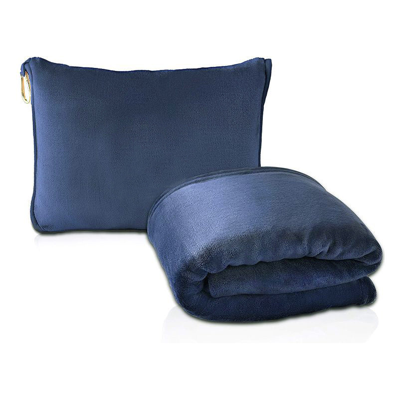 Dark Blue 2-in-1 Plush Travel Blanket &amp; Pillow Set - Soft Flannel with Luggage Strap &amp; Carabiner (50x60in)