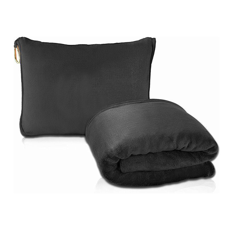Black 2-in-1 Plush Travel Blanket &amp; Pillow Set - Soft Flannel with Luggage Strap &amp; Carabiner (50x60in)