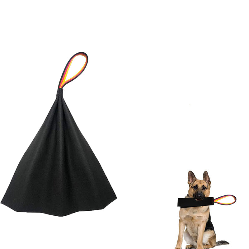 Black Premium Full-Grain Leather Dog Training Tug - Interactive Bite Rag with Strong Loop Handle for Play & Drive Building