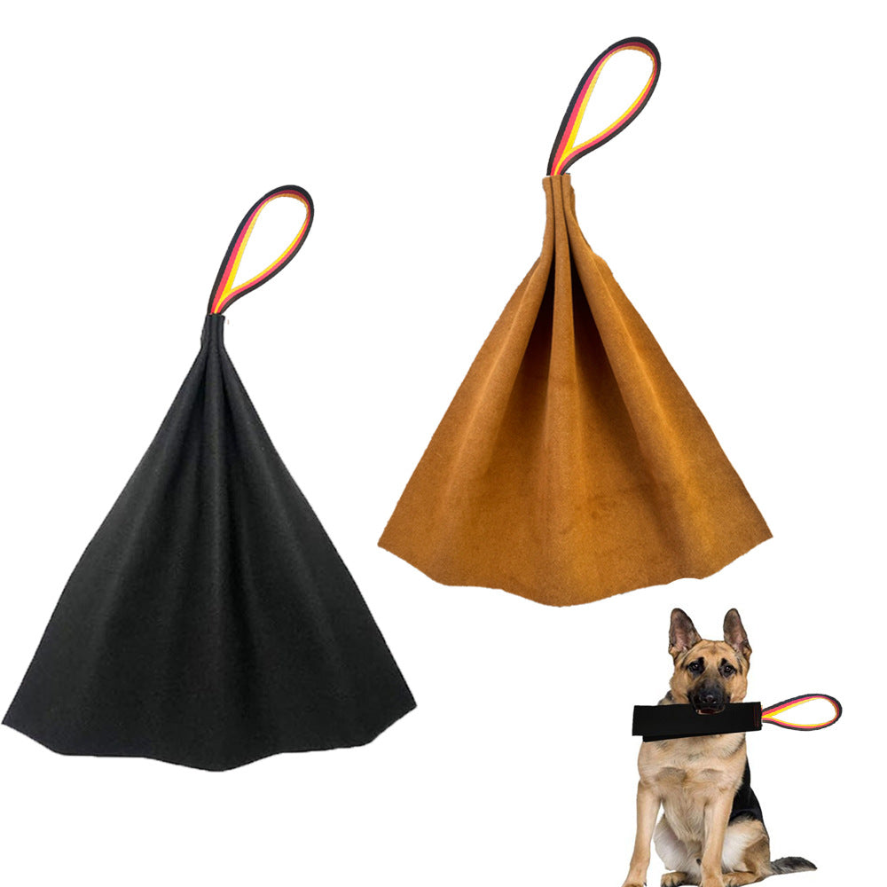 Black Premium Full-Grain Leather Dog Training Tug - Interactive Bite Rag with Strong Loop Handle for Play & Drive Building