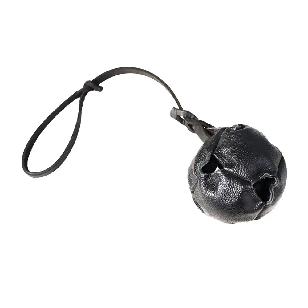Black Durable Leather Dog Training Ball with Loop Handle - Interactive Bite &amp; Tug Toy for Playful Pups