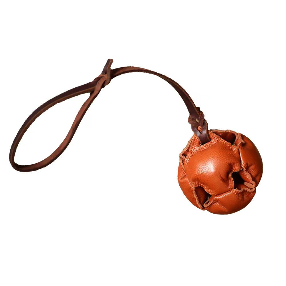 Brown Durable Leather Dog Training Ball with Loop Handle - Interactive Bite &amp; Tug Toy for Playful Pups