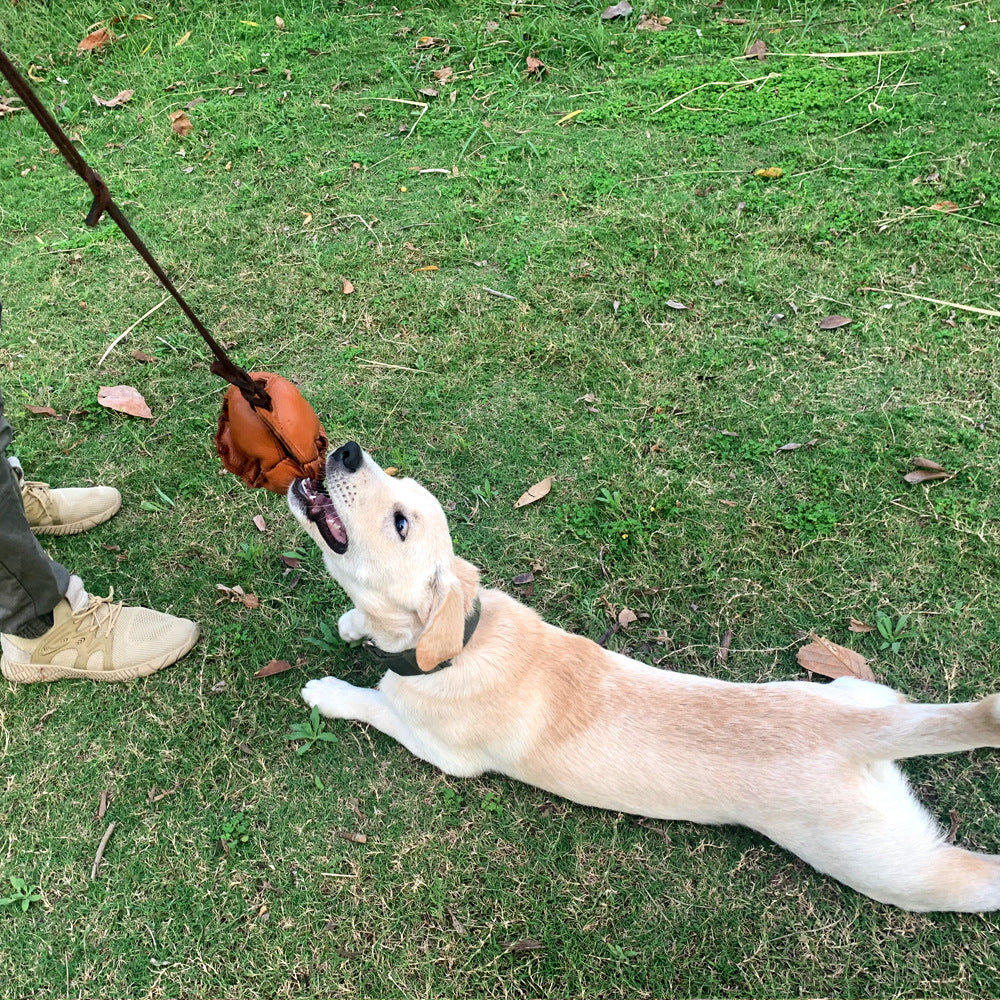 Brown Durable Leather Dog Training Ball with Loop Handle - Interactive Bite & Tug Toy for Playful Pups