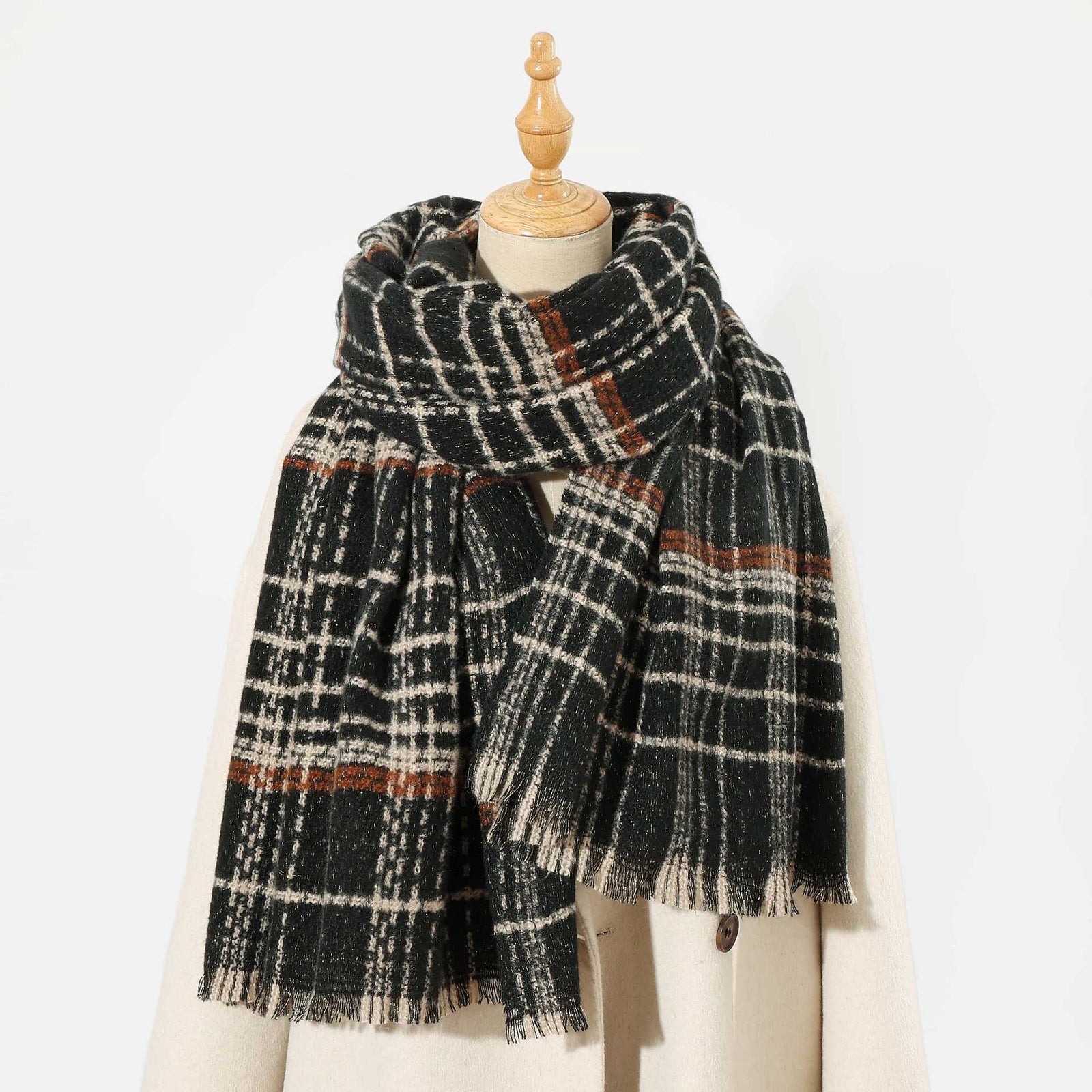 Black Chic Plaid Winter Scarf - Large Soft Polyester Shawl Wrap with Tassels, Korean Inspired Fashion